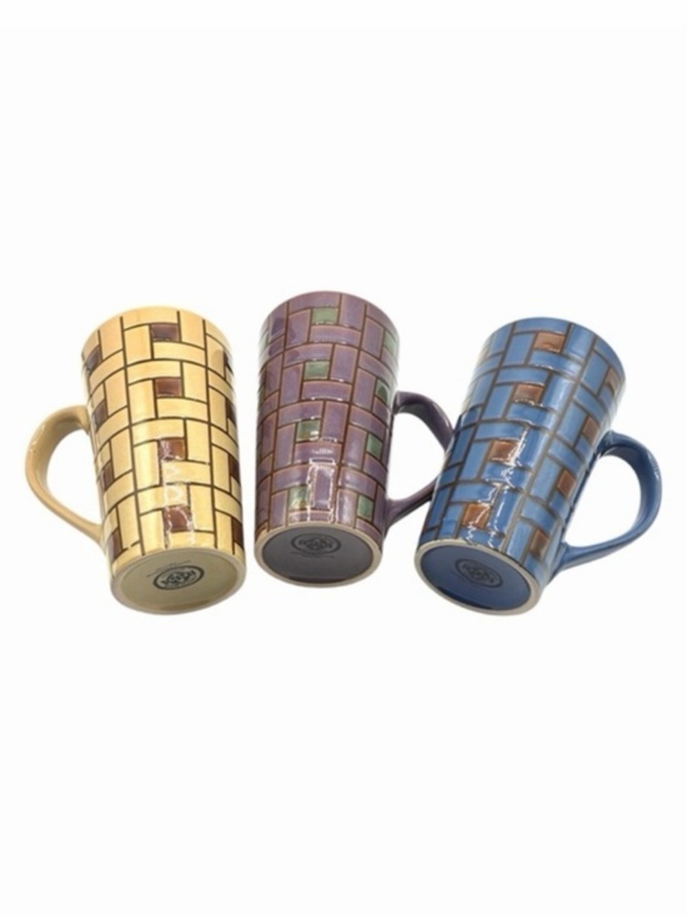 3 Cordon Bleu International Retro Style Stoneware Tall Mugs Geometric Tiles